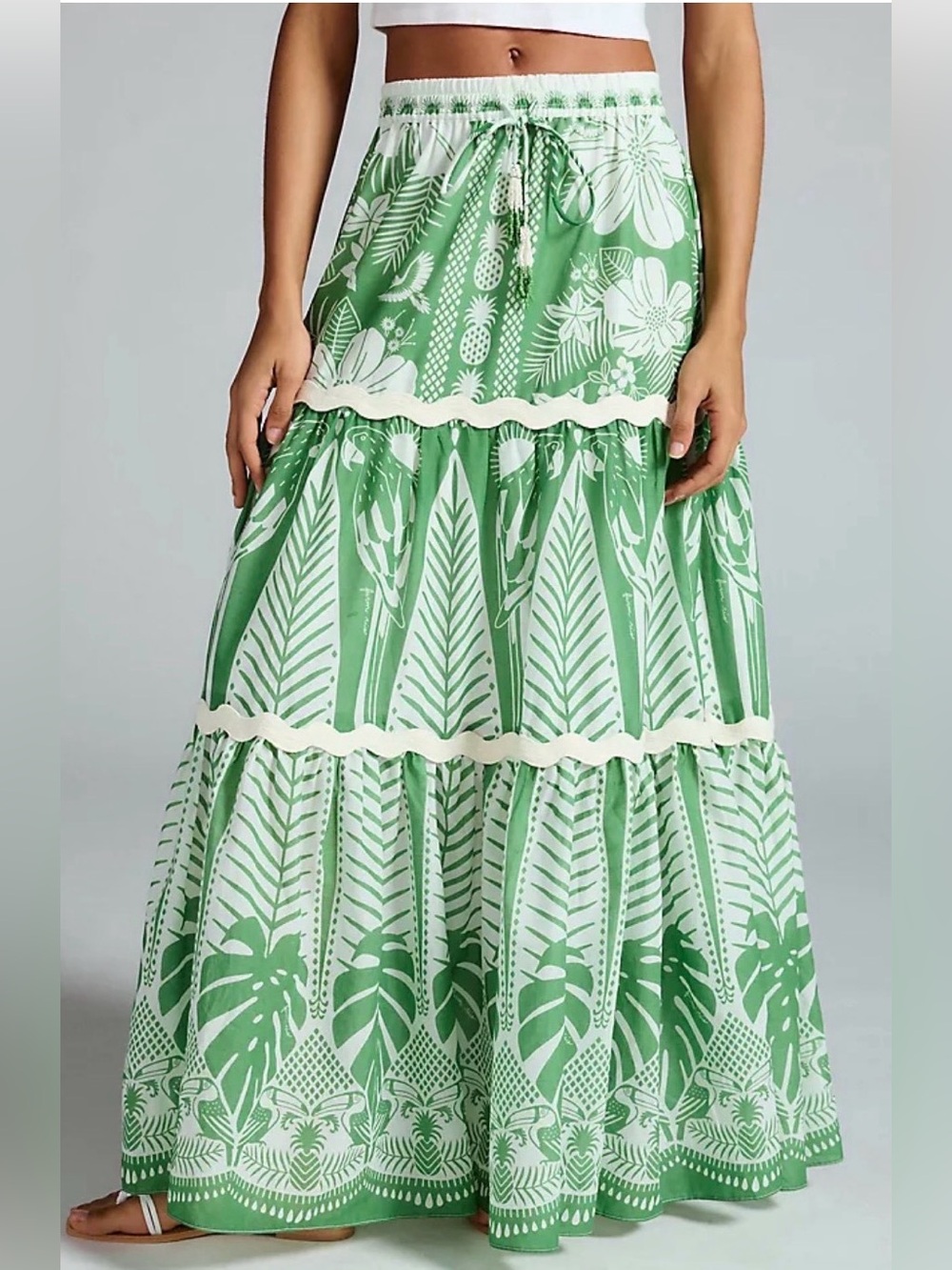 Farm Rio - Green Printed Tiered Maxi Skirt - Anthropologie. Cotton
